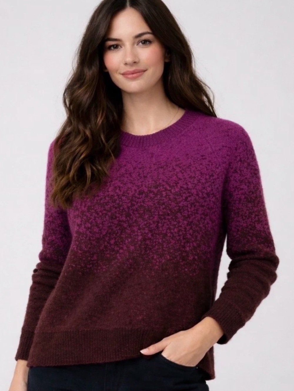 Athleta Jacquard Crew Sweater Purple Burgundy Ombre Merino Wool XL